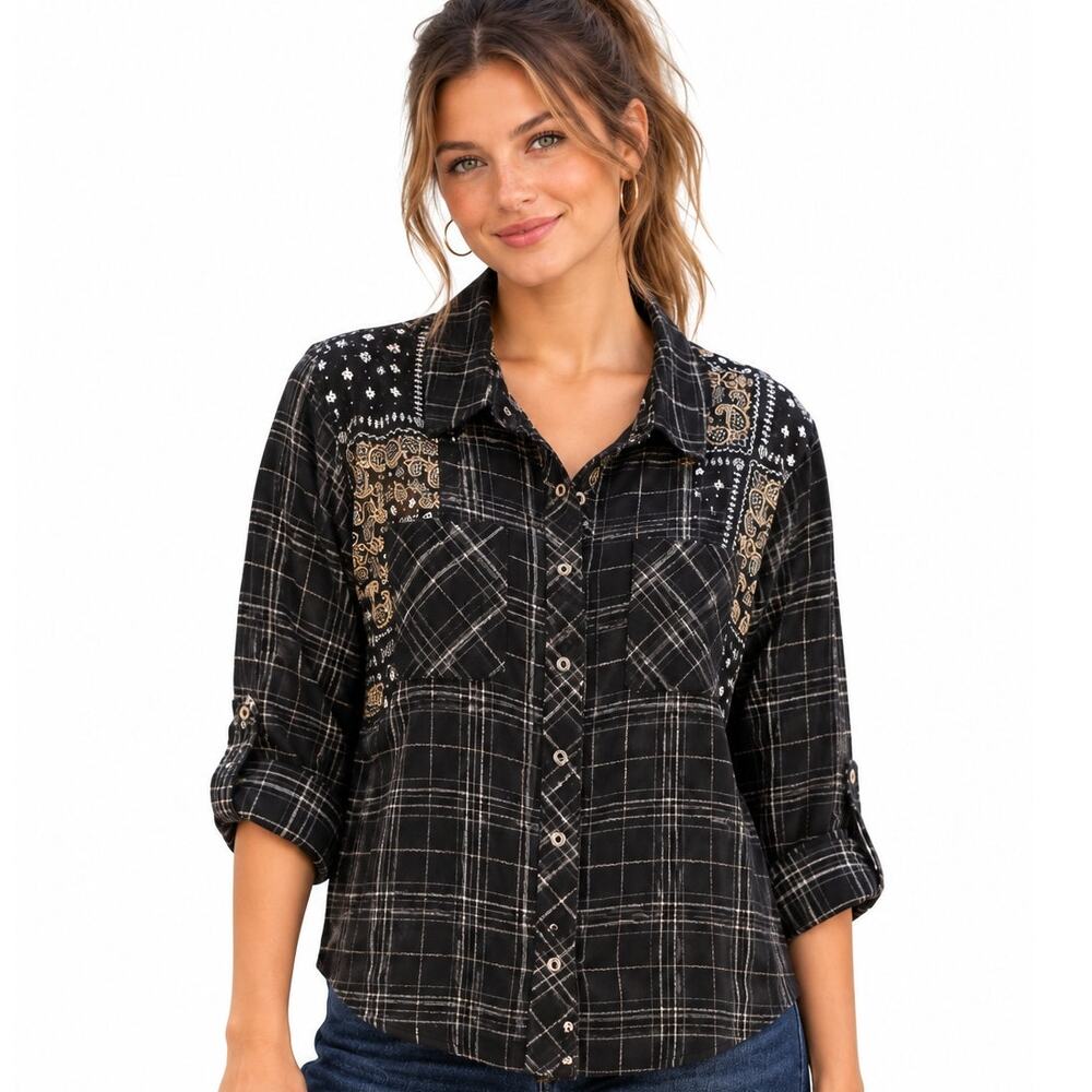 Miss Me Western Bandana Flannel Top Womens Large Black Plaid Boho Button Shirt